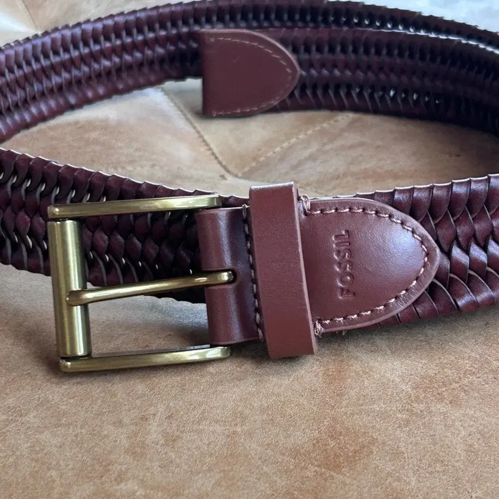 Fossil Maddox Genuine Leather Woven Belt Brown Solid Brass Buckle Western 38